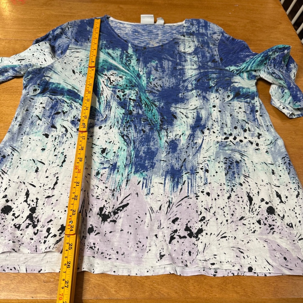 Weekends by Chicos Top Women 2 L Blue Abstract Feather 3/4 Sleeve Cotton Casual - Picture 6 of 10